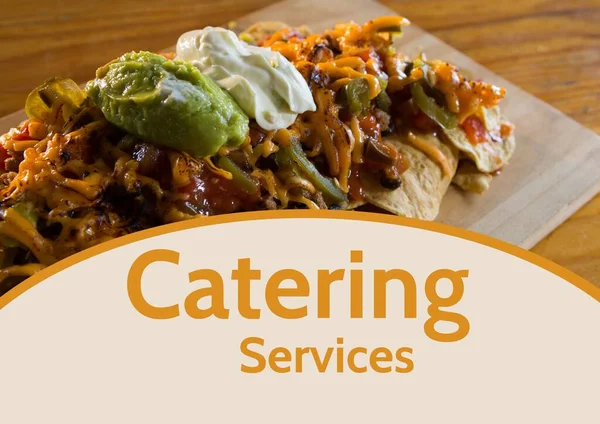 Zusammensetzung Der Catering Dienstleistungen Text Über Essen Auf Holztisch Catering — Stockfoto