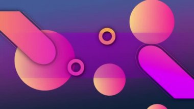 Mor arka planda turuncu ve pembe kürelerin, kapsüllerin ve halkaların animasyonu. Desen, bağlantı ve hareket kavramı dijital olarak oluşturulmuş video.