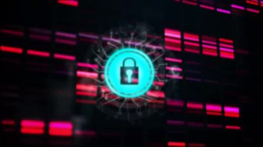 Karanlık arka planda çevrimiçi güvenlik asma kilidiyle bağlantı ağının animasyonu. küresel çevrimiçi güvenlik, bağlantılar ve dijital arayüz kavramı dijital olarak oluşturulmuş video.