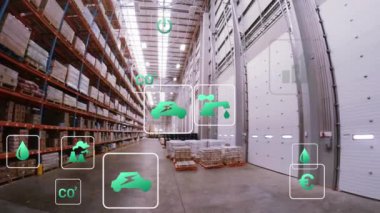 Depo üzerinde çevre dostu ikonlar ve ekolojik ağ animasyonları. küresel ağlar, ortam ve dijital arayüz kavramı dijital olarak oluşturulmuş video.