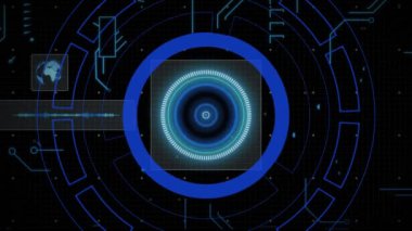 Ekran ve devre kartı elementleri üzerindeki tarama alanının animasyonu. dijital arayüz, veri işleme ve dijital olarak oluşturulan iletişim konsepti.
