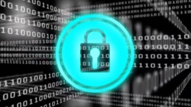 Karanlık arkaplan üzerine ikili kodlama ve çevrimiçi güvenlik asma kilidi canlandırması. 