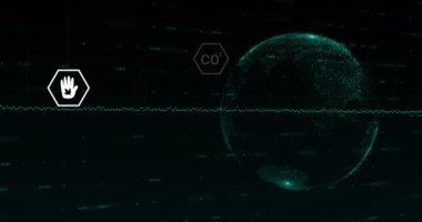 Veri işleme üzerinde eko ve çevre dostu simgelerin oluşturduğu ağın animasyonu. küresel ağlar, ortam ve dijital arayüz kavramı dijital olarak oluşturulmuş video.