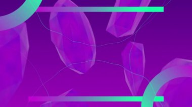 Mor arkaplanda yüzen mor ve yeşil çizgilerin ve yüzüklerin animasyonu. hareket ve enerji, soyut dijital arayüz arkaplan kavramı dijital olarak oluşturulmuş video.