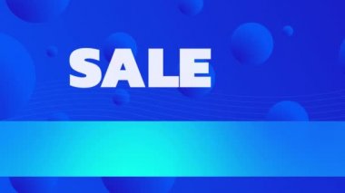 Mavi hareketli arka planda satılık metnin canlandırması. arkaplan alışverişi ve perakende konsepti dijital olarak oluşturulmuş video.