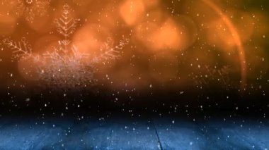 Fotokopi alanı ve tahta tahtalarla ışık noktalarının üzerine yağan karın animasyonu. Noel, gelenek ve kutlama konsepti dijital olarak oluşturuldu.