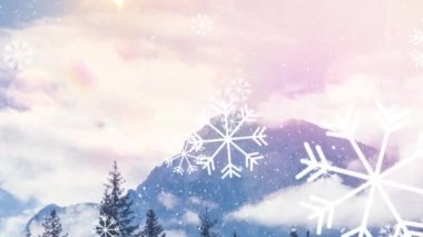 Dağlı kış manzarası üzerine yağan karın animasyonu. Noel, gelenek ve kutlama konsepti dijital olarak oluşturuldu.