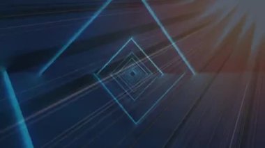 Mavi neon spiral, qr kod ve siyah arkaplanda ışık demetleri olan alışveriş arabası ikonu animasyonu. iletişim, perakende ve çevrimiçi alışveriş teknolojisi konsepti dijital olarak oluşturulmuş video.