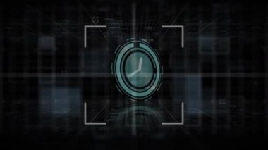 Saatin animasyonu ileri gidiyor ve taranıyor. veri işleme ve dijital arayüz kavramı dijital olarak oluşturulmuş video.