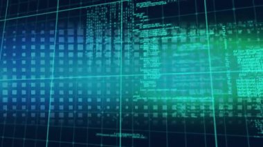 Arkaplandaki kareler ve ızgaralar üzerinden veri işleme animasyonu. veri işleme ve dijital arayüz kavramı dijital olarak oluşturulmuş video.