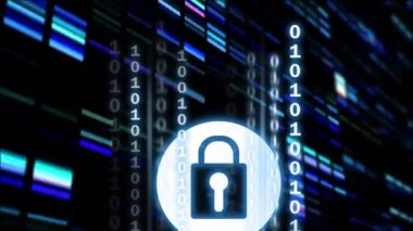 Karanlık arkaplan üzerinde ikili kodlama, bağlantı ağı ve çevrimiçi güvenlik asma kilidi canlandırması. 