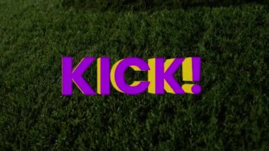 Futbol topu ve çimenlerin üzerinde tekme metni animasyonu. arkaplan, sosyal medya ve iletişim konsepti dijital olarak oluşturulmuş video.