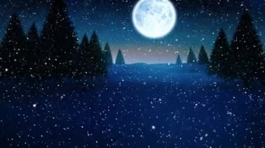 Köknar ağaçları, ay ve kış manzarasının üzerine düşen kar animasyonu. Noel, kış, gelenek ve kutlama konsepti dijital olarak oluşturulmuş video.