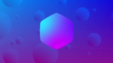 Mavi ve mor arkaplanda küreleri ve paralel çizgileri olan mavi ve mor altıgenin animasyonu. 
