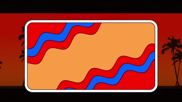 Kırmızı Mavi Turuncu Dalgalı Çizgilerin Canlandırılması Kırmızı Üzerinde Siyah Palmiye — Stok video