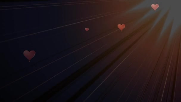 Анімація Падаючих Червоних Сердець Мерехтінням Світлових Променів Темному Тлі Комунікація — стокове відео