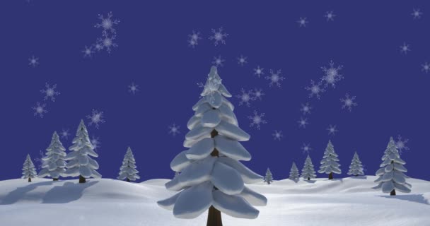 モミの木や冬の風景の上に降る雪のアニメーション クリスマス 伝統とお祝いのコンセプトデジタルで生成されたビデオ — ストック動画