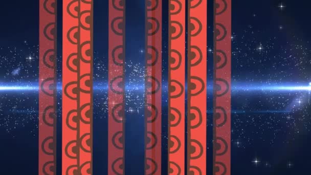 Animace Oranžových Vzorovaných Pruhů Pohybujících Reflektorech Zářících Částicích Černé Koncept — Stock video