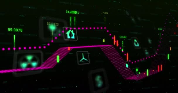 Animation du réseau d'icônes écologiques et respectueuses de l'environnement sur le traitement des données. réseaux mondiaux, environnement et interface numérique concept vidéo généré numériquement.