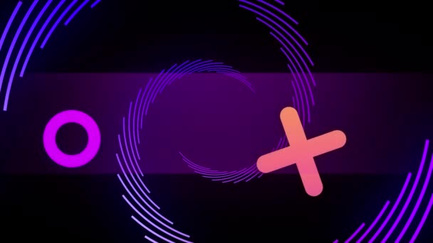 オレンジとピンクの十字とリングのアニメーションで 黒の背景に紫色のスパイラルがあります デザイン 移動の概念デジタルで生成されたビデオ — ストック動画