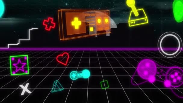 Animazione Videogiochi Neon Interfaccia Digitale Tremolante Sulla Griglia Videogiochi Intrattenimento — Video Stock