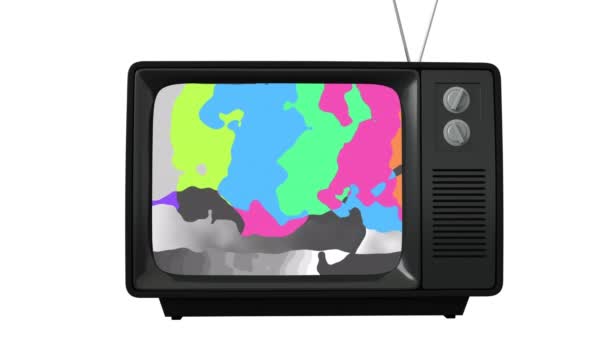 复古电视机动画 屏幕上有扭曲的色条 白色背景 复古技术和数字视频连接概念 — 图库视频影像