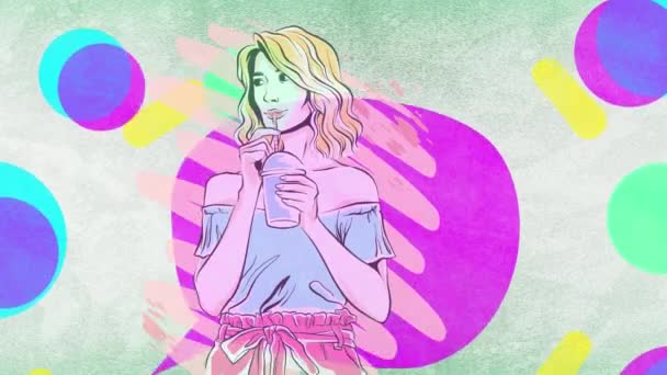 Animation Femme Avec Boisson Emporter Sur Bulle Expression Rose Formes — Video