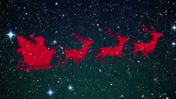 Animação Papai Noel Trenó Com Renas Sobre Queda Neve Estrelas — Vídeo de Stock