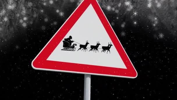 Animation Road Sign Santa Claus Sleigh Reindeer Snow Falling Christmas — Stock Video