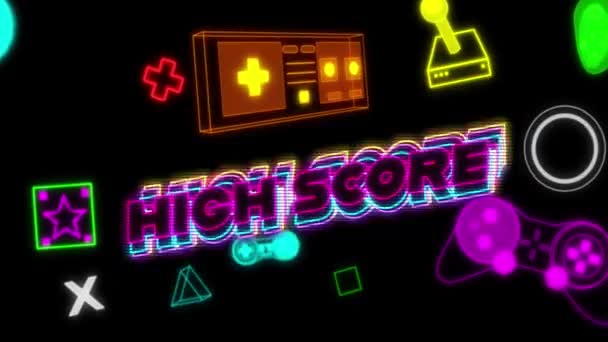 Animace Vysokého Skóre Textu Přes Neon Video Hry Digitální Rozhraní — Stock video