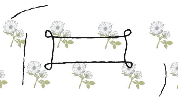 Animation Eines Schwarzen Rahmens Mit Kopierraum Über Blumen Auf Weißem — Stockvideo