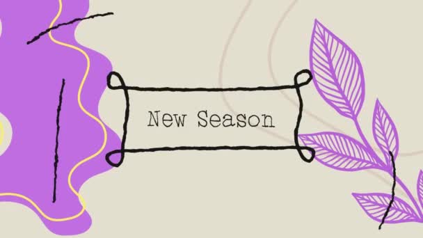 Animación Nuevas Estaciones Texto Sobre Manchas Púrpuras Plantas Compras Fondo — Vídeo de stock