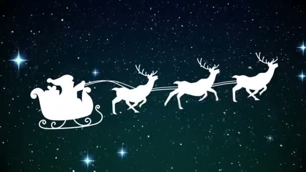 雪や星の上にトナカイと一緒にそりでサンタクラスのアニメーション クリスマス お祝いのコンセプトをデジタルで — ストック動画