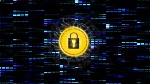 暗い背景にオンラインセキュリティ南京錠との接続のネットワークのアニメーション 世界的なオンラインセキュリティ デジタルインターフェースの概念デジタル生成されたビデオ — ストック動画