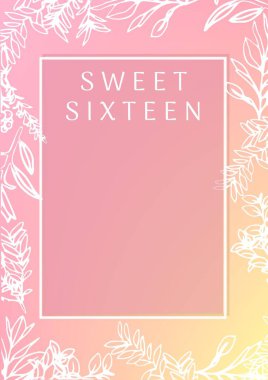 Doğum günü partisi metninin kompozisyonu pembe arka sayfadaki bitki simgelerinin üzerine. olay daveti konsepti dijital olarak oluşturulmuş resim.