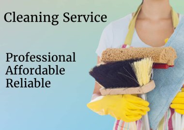Temizlik servisinin mesajı ve elinde süpürge tutan kadının yeşil arka planı. Temizlik işi tanıtım iletişimi konsepti dijital olarak oluşturulmuş görüntü.