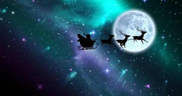 Composición Santa Claus Trineo Con Renos Sobre Estrellas Luna Navidad — Foto de Stock