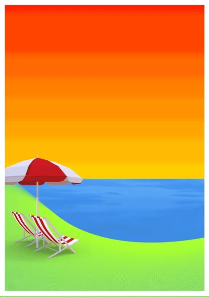 Kompozycja Cyfrowego Krajobrazu Morskiego Plażą Niebem Leżakami Koncepcja Szablonu Podróży — Zdjęcie stockowe