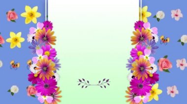 Çiçeklerin ve çiçek desenlerinin animasyonu ve yeşil arka planda fotokopi alanı. Doğa, botanik ve şablon konsepti dijital olarak oluşturulmuş video.