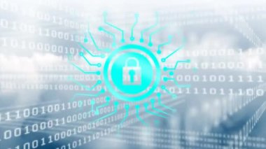 İkili kod animasyonu, çevrimiçi güvenlik kilidiyle bağlantı ağı bulut arkaplanı üzerinde. küresel çevrimiçi güvenlik, bağlantılar ve dijital arayüz kavramı dijital olarak oluşturulmuş video.