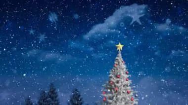 Kış manzarasına düşen kar animasyonu Noel ağacıyla birlikte. Noel, gelenek ve kutlama konsepti dijital olarak oluşturuldu.