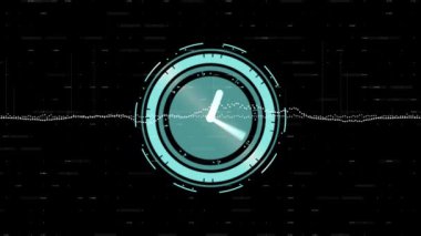 Hareket eden saatin animasyonu ve beyaz noktalı çizgiler. veri işleme ve dijital arayüz kavramı dijital olarak oluşturulmuş video.