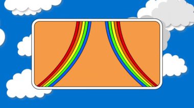 Mavi gökyüzündeki beyaz bulutların üzerinde turuncu dikdörtgen üzerinde iki gökkuşağının animasyonu. hareket ve enerji, soyut dijital arayüz arkaplan kavramı dijital olarak oluşturulmuş video.
