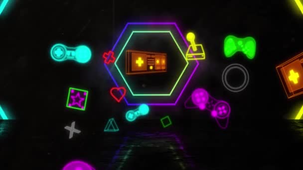 Animation Neon Video Game Digital Interface Flickering Neon Hexagons Video — Stock Video
