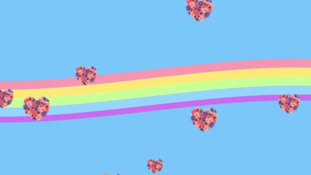 Animation Von Blumenherzen Die Über Dem Regenbogen Schweben Peace Handzeichen — Stockvideo