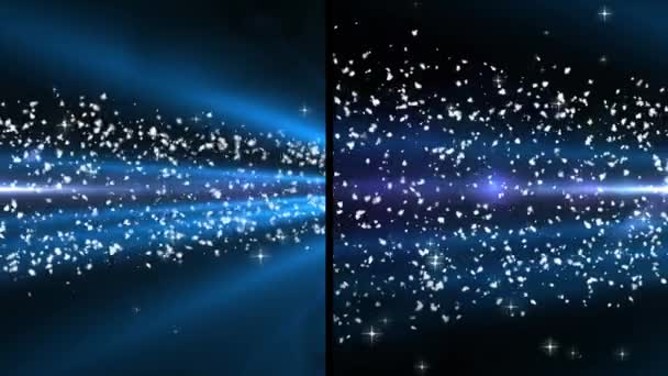 Animation Split Screen Showing Blue Spotlight Light Beams Glowing Particles — Stock Video