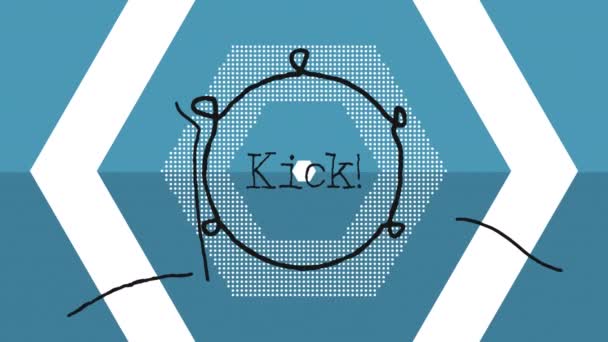 Animation Des Kick Textes Über Sich Bewegende Blau Weiße Formen — Stockvideo