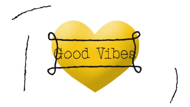 Animace Dobrých Vibrací Text Přes Žluté Srdce Bílém Pozadí Pozadí — Stock video