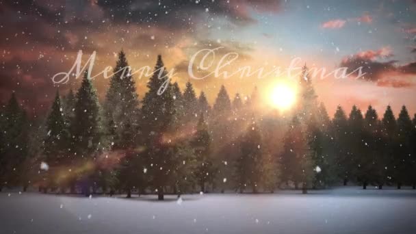 Animatie Van Vrolijke Kersttekst Dennenbomen Winterlandschap Kerstmis Traditie Viering Concept — Stockvideo