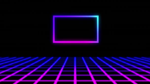 紫と青の長方形のアウトラインのアニメーション 黒の上に移動グリッド上 動きとエネルギー抽象的なデジタルインターフェースの背景概念デジタルで生成されたビデオ — ストック動画